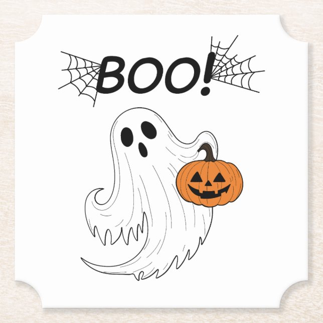 Jack-o’-lantern and A White Ghost Boo Halloween Paper Coaster (Front)