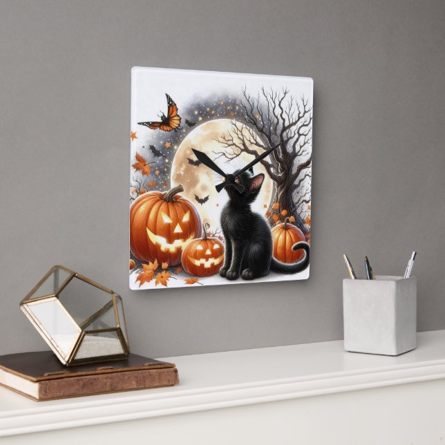 Jack O' Lantern and Black Cat Halloween Wall Clock (Office)