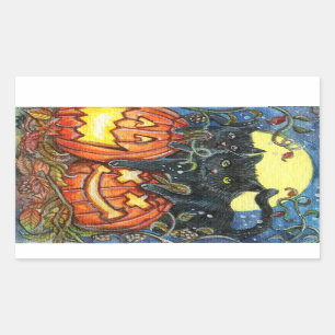 Jack-O'-Lantern and Black Cats Rectangular Sticker
