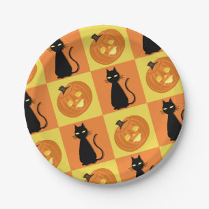 Jack-o’-lantern and cat paper plates. plate