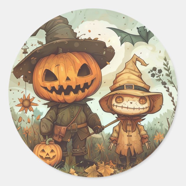 Jack O Lantern and Scarecrow Classic Round Sticker (Front)