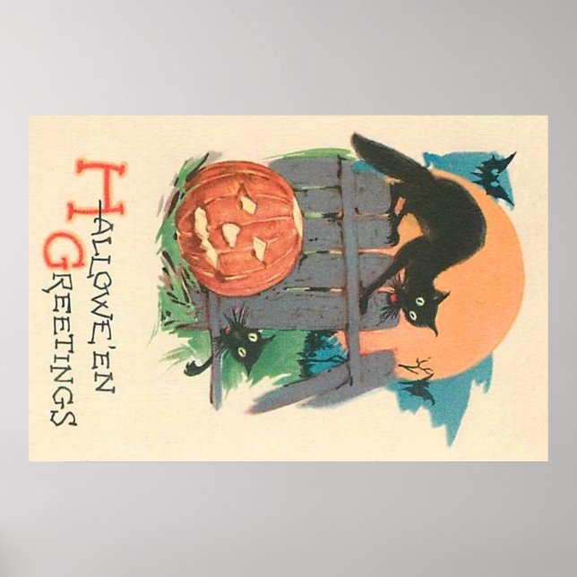 Jack O' Lantern Black Cat Bat Full Moon Poster (Front)