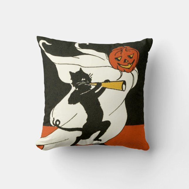 Jack O' Lantern Black Cat Ghost Horn Cushion (Front)