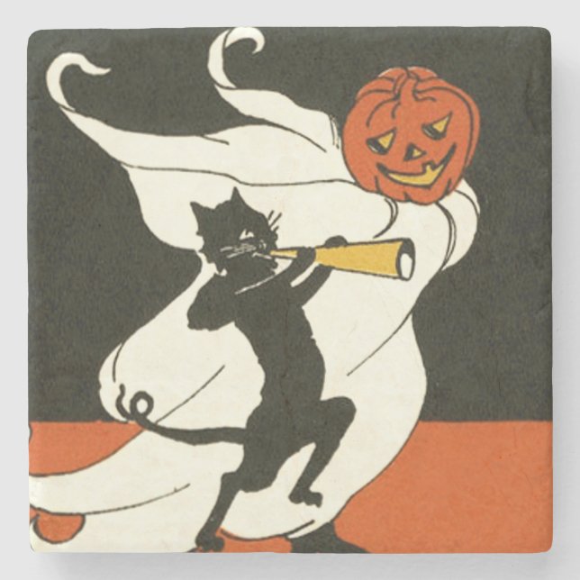 Jack O' Lantern Black Cat Ghost Horn Stone Coaster (Front)