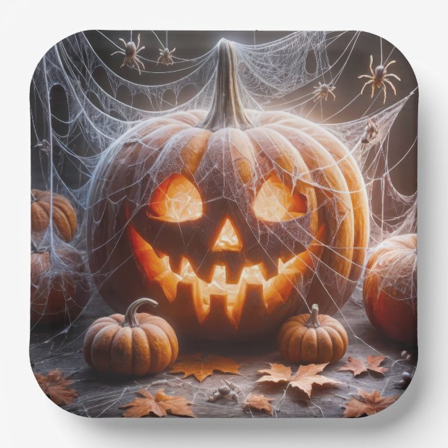 Jack-o-lantern Covered In Spider Webs Paper Plate (Front)
