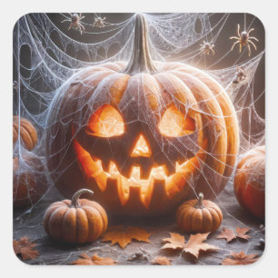 Jack-o-lantern Covered In Spider Webs Square Sticker