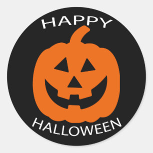 Jack-O-Lantern Curve Text Happy Halloween on Black Classic Round Sticker