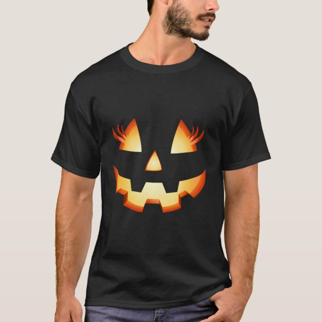 Jack O Lantern Eyelashes Pumpkin Face Halloween T-Shirt (Front)