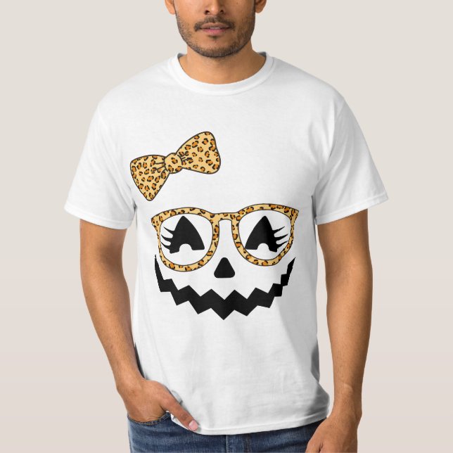 Jack O Lantern Face Pumpkin Halloween Leopard Prin T-Shirt (Front)
