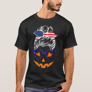 Jack O Lantern Face Pumpkin Halloween Messy Bun T-Shirt