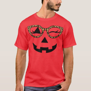 Jack O Lantern Face Pumpkin Hallowen Leopard Print T-Shirt