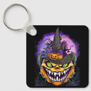 Jack O Lantern Face Pumpkin With Witch Hat Scary H Key Ring