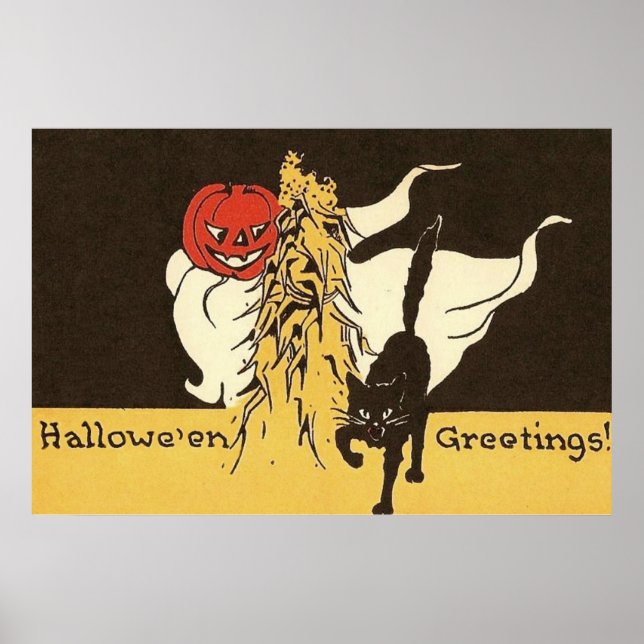 Jack O' Lantern Ghost Black Cat Cornstalk Poster (Front)