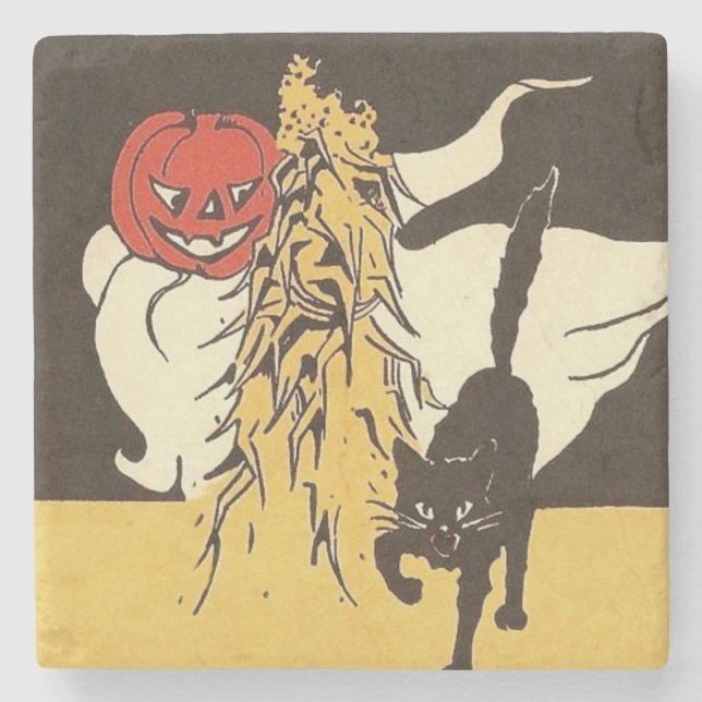 Jack O' Lantern Ghost Black Cat Cornstalk Stone Coaster (Front)