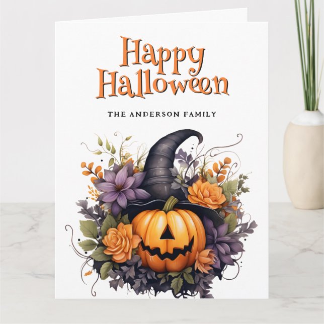 Jack O’Lantern Ghost Floral Happy Halloween Card (Front)