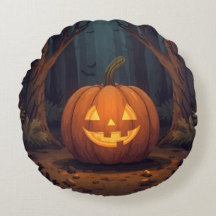 Jack O' Lantern Glowing In The Forest Round Cushion