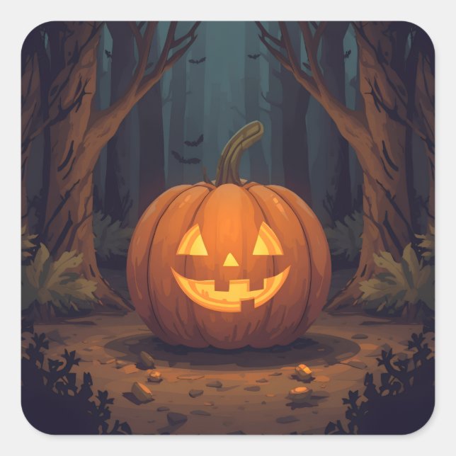Jack O' Lantern Glowing In The Forest Square Sticker (Front)