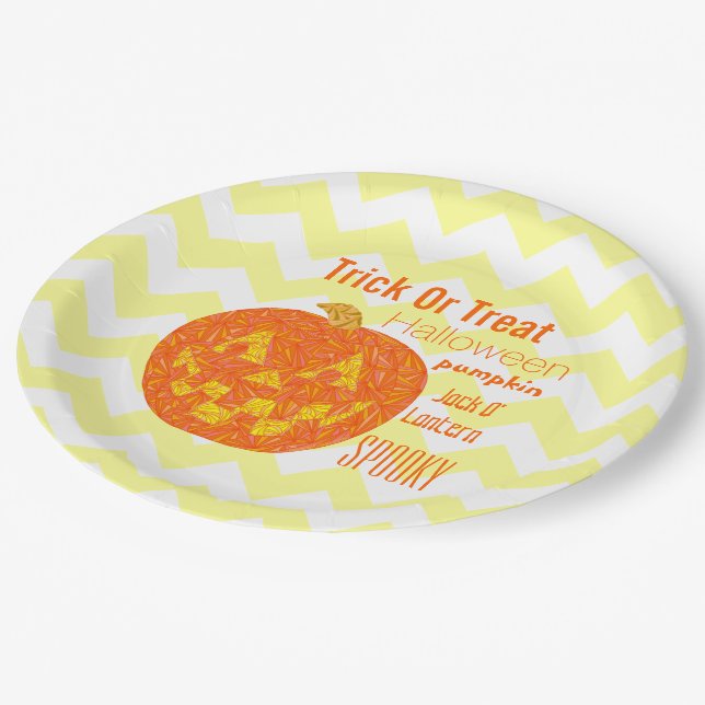 Jack O Lantern Halloween Chevron Pumpkin Party Paper Plate (Angled)