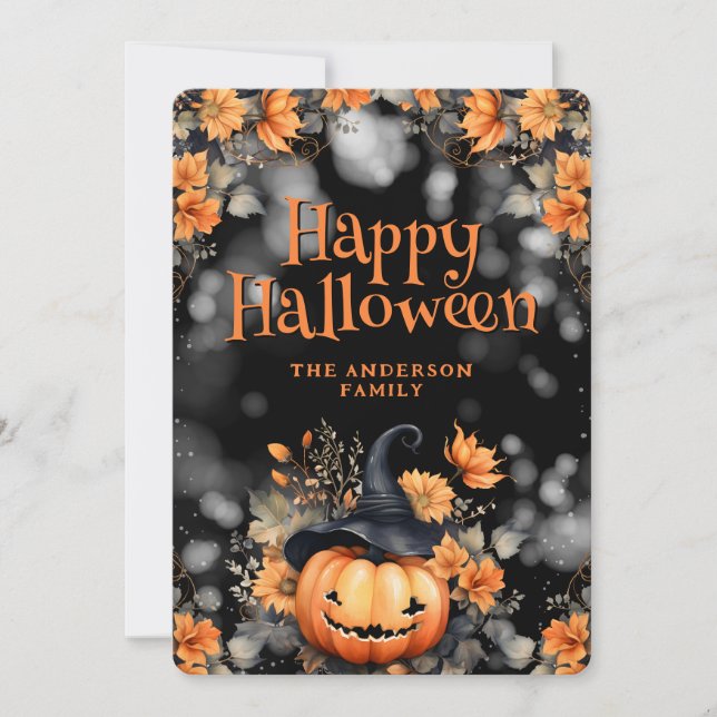 Jack O’Lantern Hat Floral Photo Halloween Card (Front)
