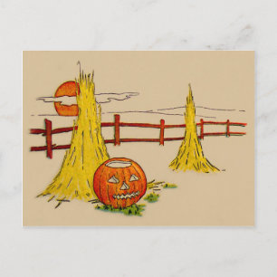 Jack O' Lantern Haystack Full Moon Clouds Postcard