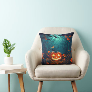 Jack-O' Lantern in a Creepy Forest Halloween Cushion