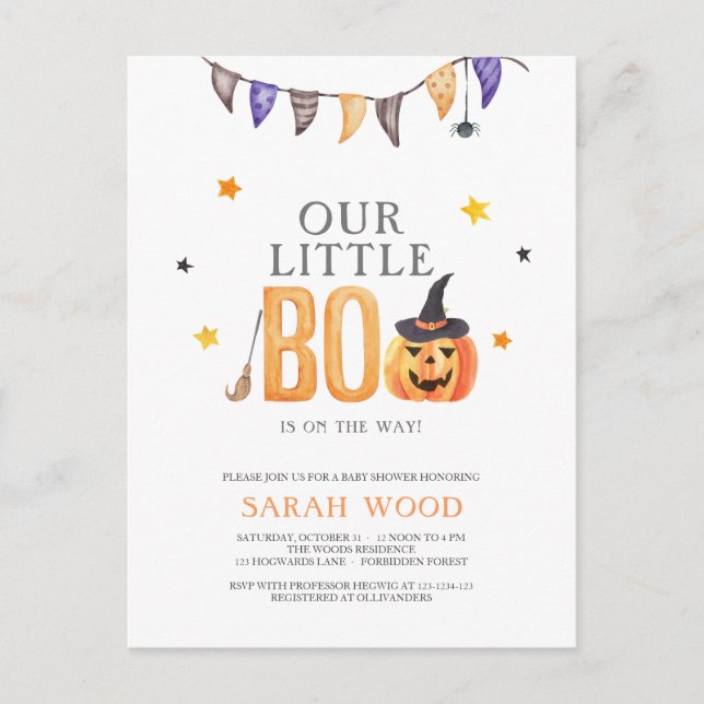 Jack-o-lantern, Little Boo Baby Shower Invitation Postcard (Front)