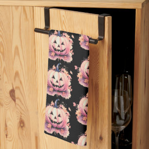 Jack-O' Lantern Orange Leaves Black Halloween Tea Towel