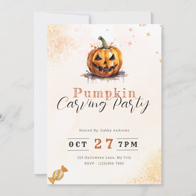 Jack-O' Lantern Orange Pumpkin Carving Party Invitation (Front)