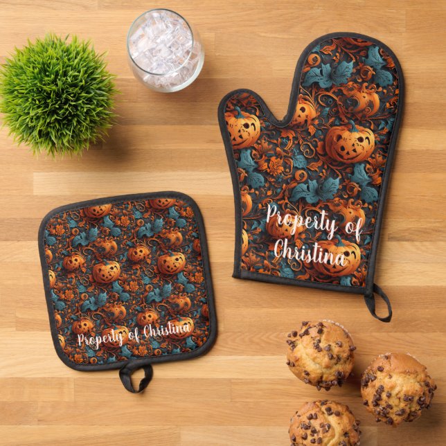 Jack o lantern oven mitt & pot holder set (Top Down)