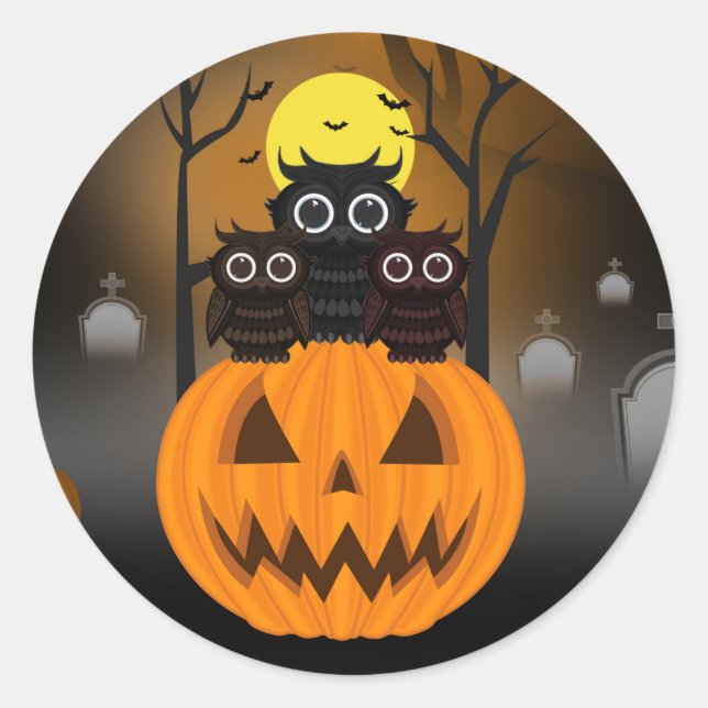 Jack O lantern & Owls  Classic Round Sticker (Front)