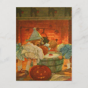 Jack O Lantern Pumpkin Bobbing Apple Black Cat Postcard