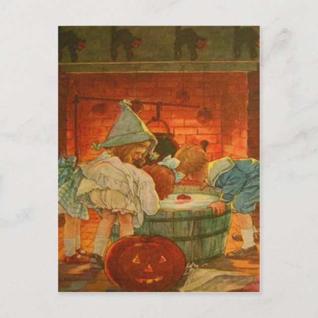 Jack O Lantern Pumpkin Bobbing Apple Black Cat Postcard (Front)