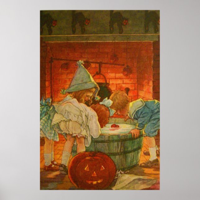 Jack O Lantern Pumpkin Bobbing Apple Black Cat Poster (Front)