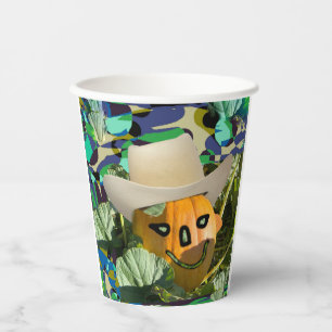 Jack-o-lantern pumpkin cowboy hat Halloween face Paper Cups
