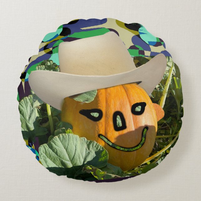 Jack-o-lantern pumpkin cowboy smile round cushion (Front)