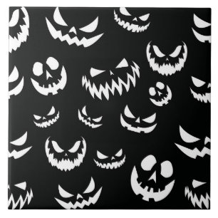 Jack O Lantern Pumpkin Face Black and White Ceramic Tile