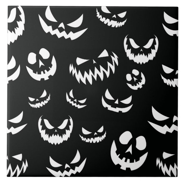 Jack O Lantern Pumpkin Face Black and White Ceramic Tile (Front)