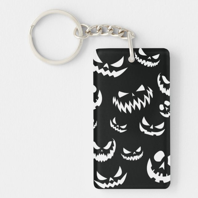 Jack O Lantern Pumpkin Face Black and White Key Ring (Front)