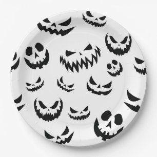 Jack O Lantern Pumpkin Face Black and White Paper Plate