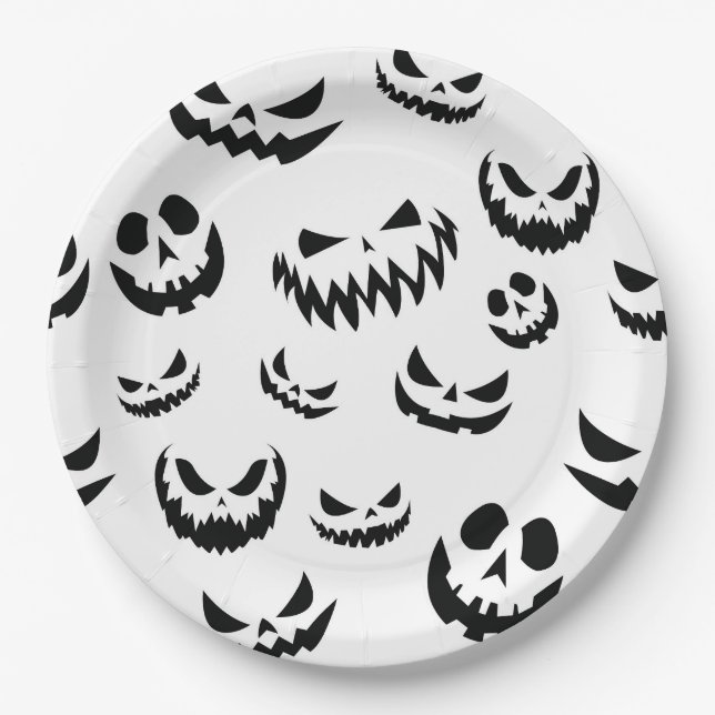 Jack O Lantern Pumpkin Face Black and White Paper Plate (Front)
