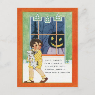 Jack O Lantern Pumpkin Ghost Girl Puppy Postcard