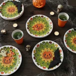 Jack-O-Lantern Pumpkin Halloween Flower Paper Plate