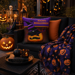 Jack O Lantern Pumpkin Halloween Purple Witch Hat Cushion