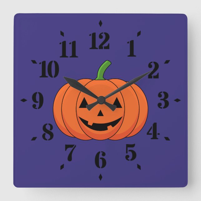 Jack-O'-Lantern Pumpkin Halloween Square Wall Clock (Front)