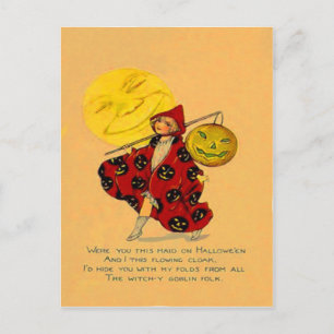 Jack O Lantern Pumpkin Man In The Moon Girl Postcard