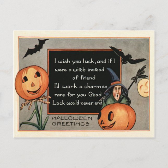 Jack O Lantern Pumpkin Witch Bat Owl Postcard (Front)