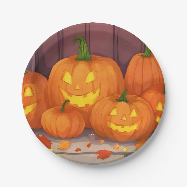 Jack-O-Lantern Pumpkins Halloween Party Paper Plate (Front)