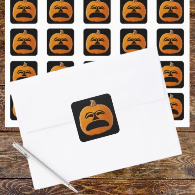 Jack o' Lantern Unhappy Face, Halloween Pumpkin Square Sticker (Jack o' Lantern Unhappy Face, Halloween Pumpkin Square Sticker)