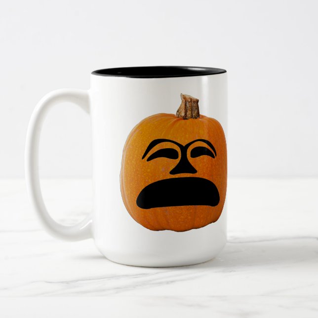 Jack o' Lantern Unhappy Face, Halloween Pumpkin Two-Tone Coffee Mug (Left)