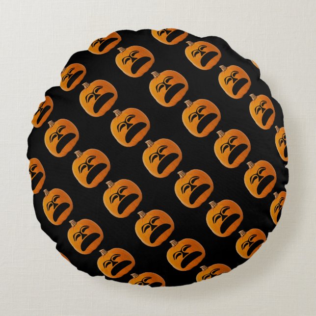 Jack o Lantern Unhappy Face Halloween Pumpkin, ZSG Round Cushion (Front)